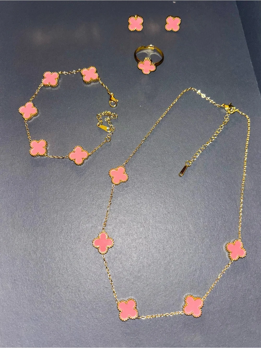 Brand New 4 piece Set Pink Clover Necklace, Bracelet, Ring & Stud Earrings Set